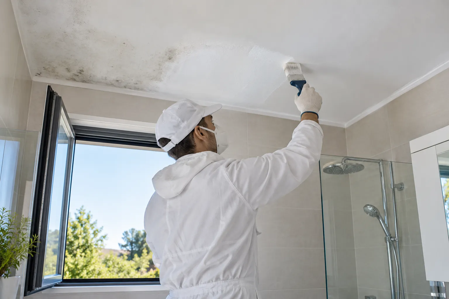 Aplicación de imprimación selladora en el techo de un baño tras tratar el moho