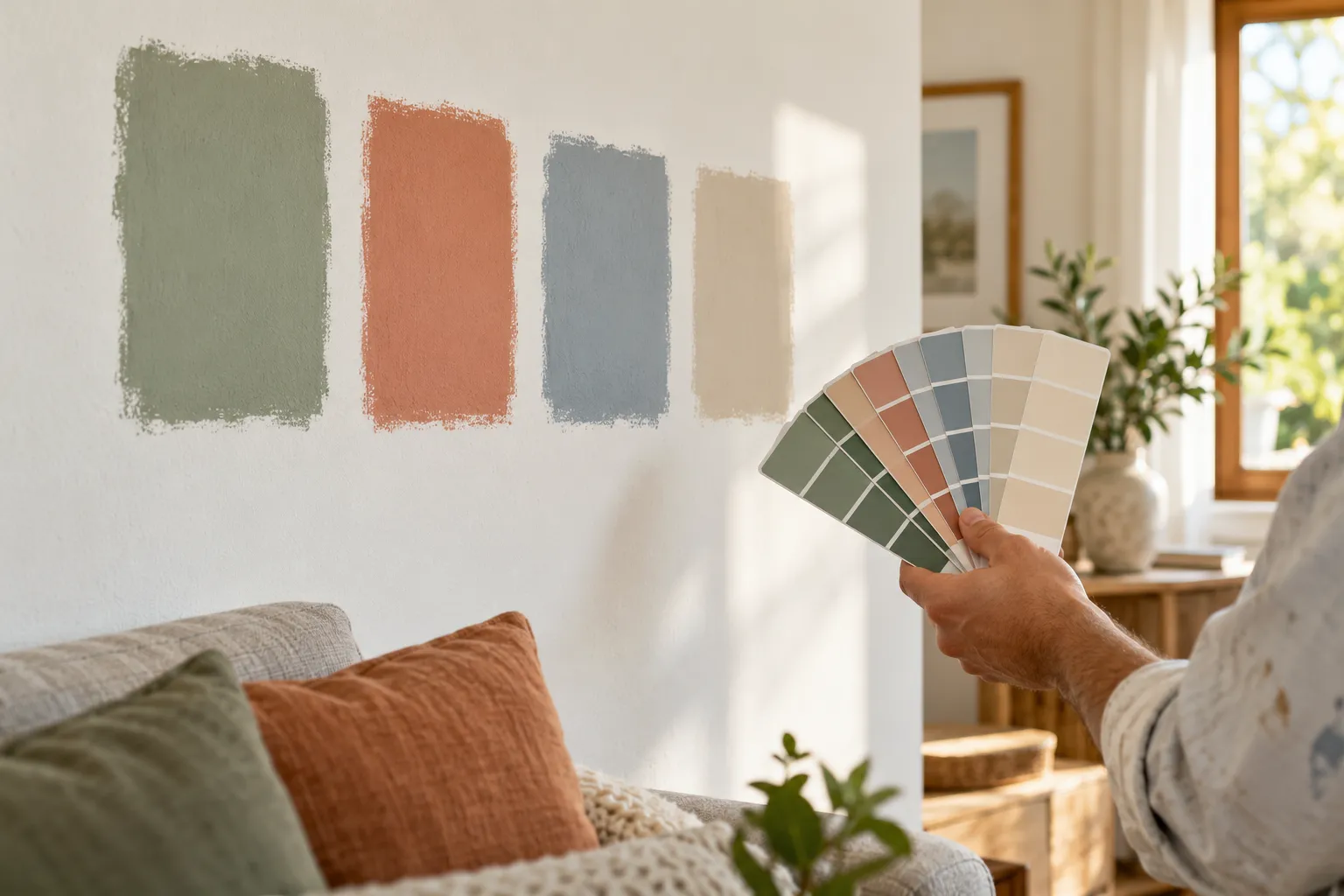 Muestras de color pintadas en una pared junto a un abanico de colores